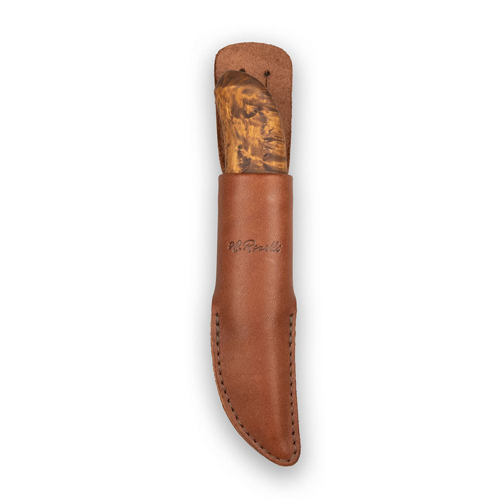 Handmade Finnish knife from Roselli in model "bear claw" with stained curly birch handle