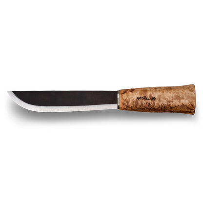 Handmde finnish bushcraft knife from Roselli in model " Big Leuku Knife" with handle in curly birch comes with a light tanned vegetable leather sheath  