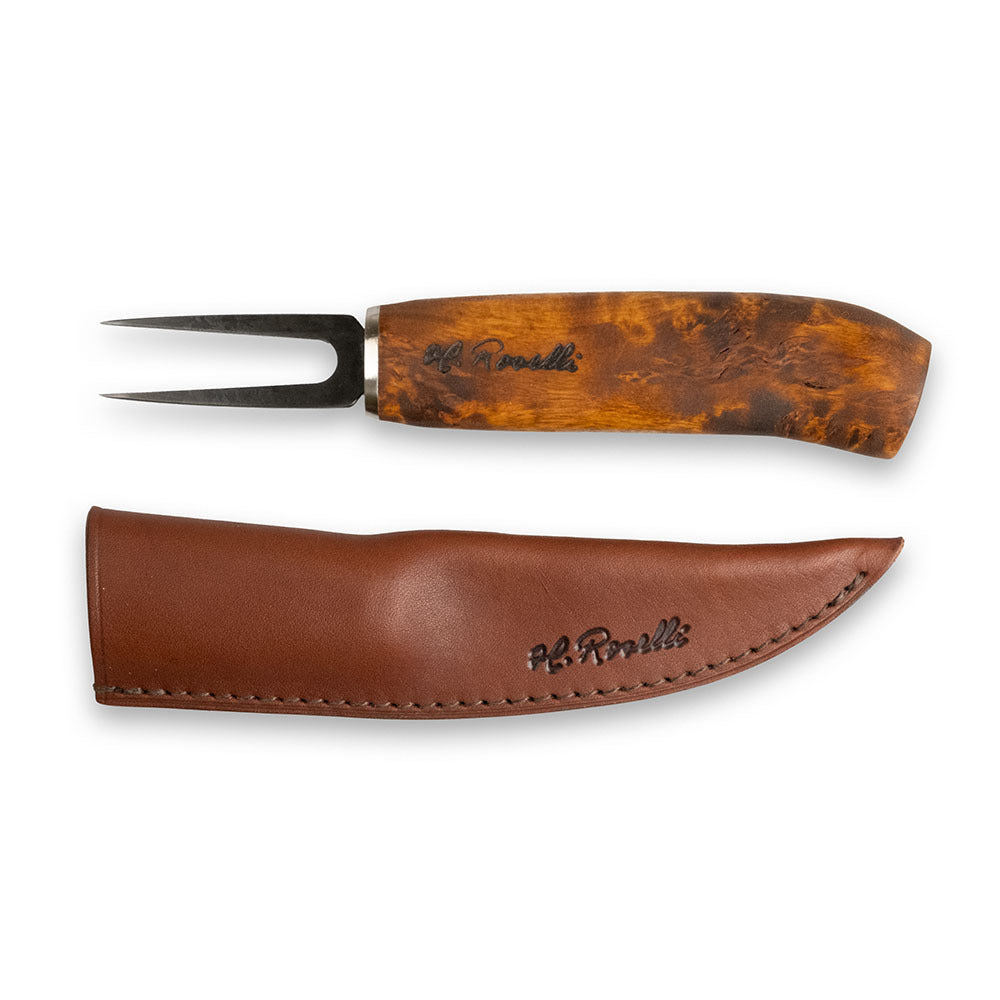 Roselli's handmade Finnish Fishfork also known as "Fillet Fork", crafted from carbon steel. Designed for safe and secure fish filleting.
