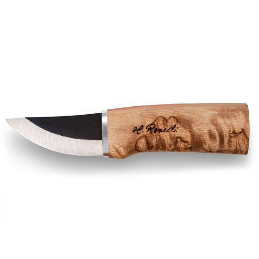 Handmade Finnish hunting knife from Roselli in model "grandfather knife" with a handle made out of curly birch and a light tanned vegetable leather case