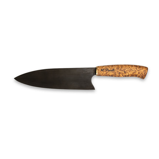 Handmade kitchen knife from Roselli, inspired by Japanese cuisine. Featuring a curly birch handle and a carbon steel blade, it comes with a handcrafted leather sheath.
