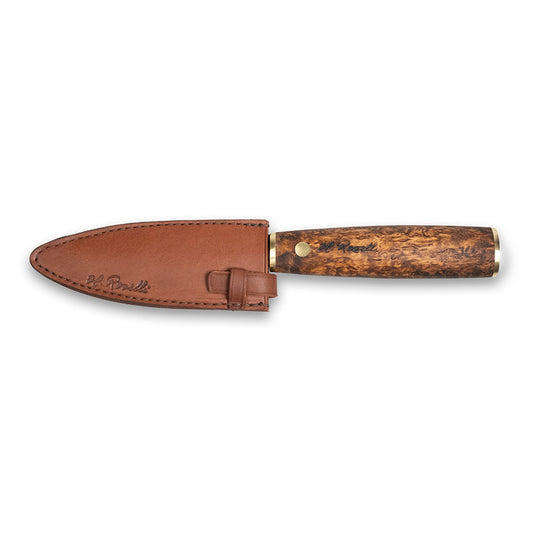 Handmade allround kitchen knife made from Damascus steel. Comes with a handmade leather sheath made from Finnish leather. 