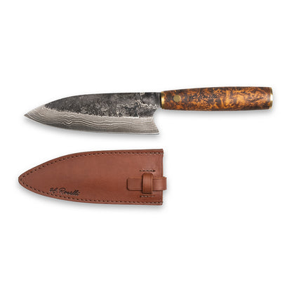 Handmade Damascus steel kitchen knife made by hand in our factory in Finland. The Damascus steel has 37 layers of steel. Comes with a handle made from stained curly birch and a handmade leather sheath.