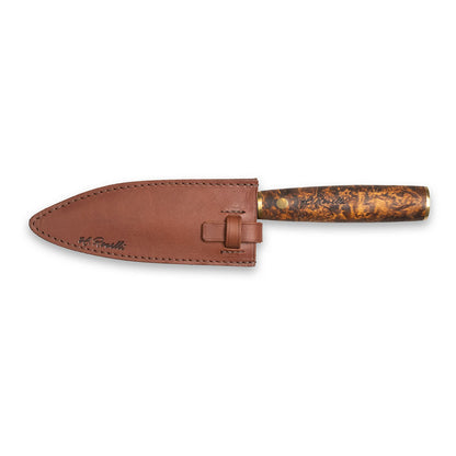 Handmade Damascus steel kitchen knife made by hand in our factory in Finland. The Damascus steel has 37 layers of steel. Comes with a handle made from stained curly birch and a handmade leather sheath.