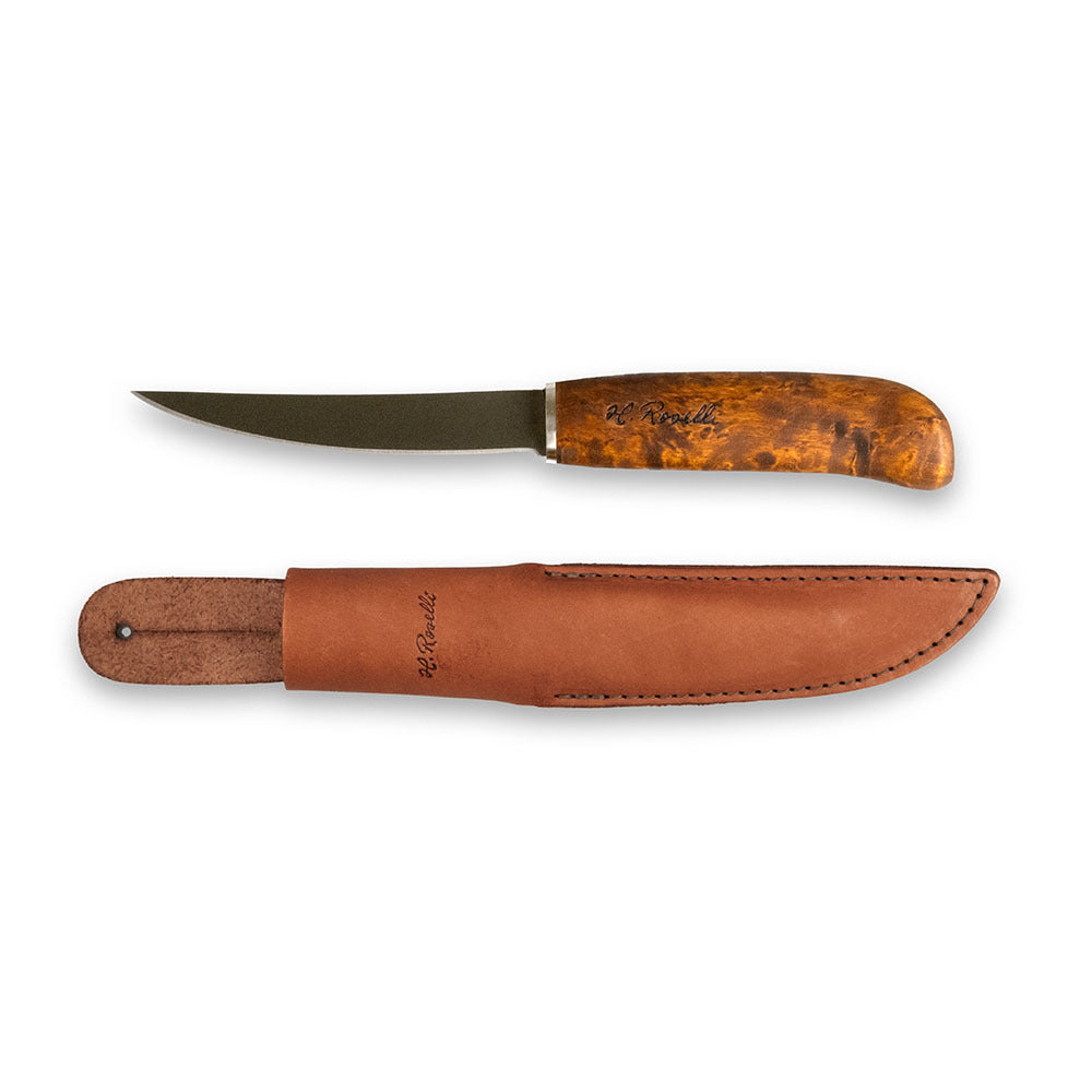 Handmade Finnish Fish and Fillet knife made from ultra high carbon steel and curly birch handle. The knife floats. Comes with a handmade leather sheath. 