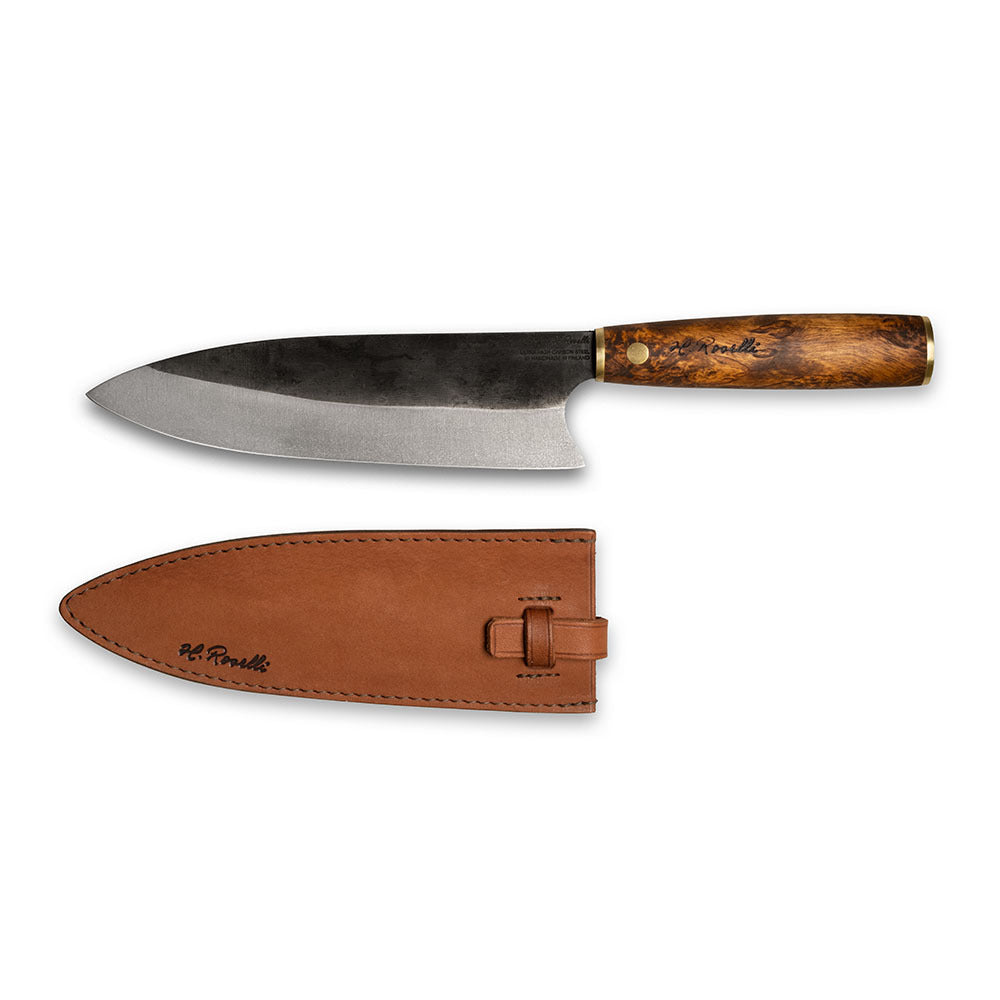 Roselli's handcrafted Gyuto kitchen knife in high-carbon steel (UHC steel) with a stained curly birch handle. Delivered with a handmade leather sheath.