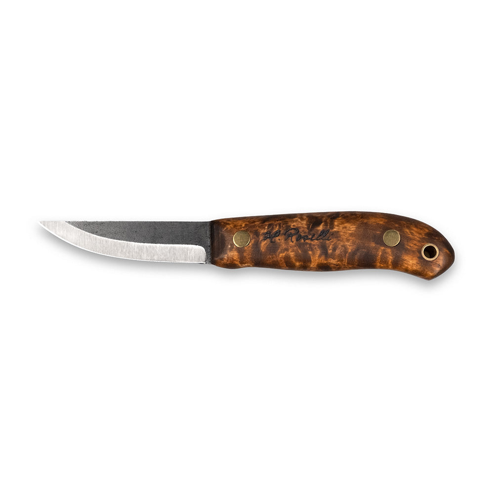 Rosellis handmade Finnish outdoor knife with a full tang blade. Based on our Carpenter knife. Stained curly birch handle and handmade leather sheath. 