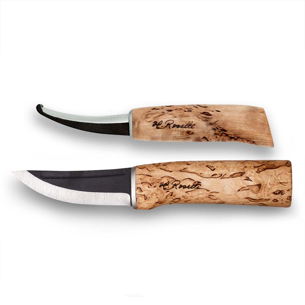 Roselli Handmade Finnish knives from Roselli in model "opening knife" and "hunting knife" which comes with a combo sheath made out of light tanned vegetable leather
