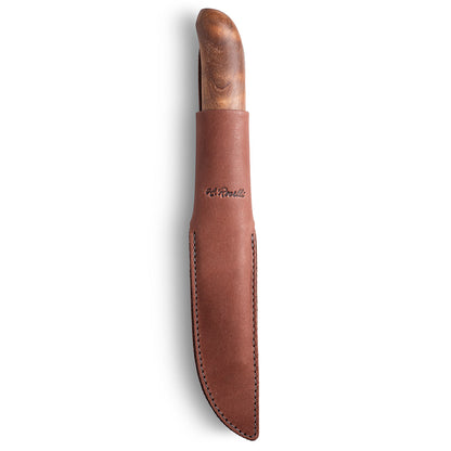 Handmade Finnish fish knife with a handle made out of heat treated curly birch  and comes with a dark leather sheath 